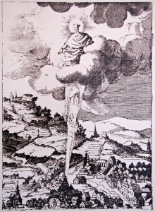 St. John of Nepomuk points at his birthplace in Nepomuk, an engraving according to the design of Karel Skréta, 1641